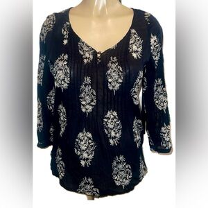 Lucky Brand Boho Gauze Blouse  XS Navy Blue White Floral 100% Cotton Top